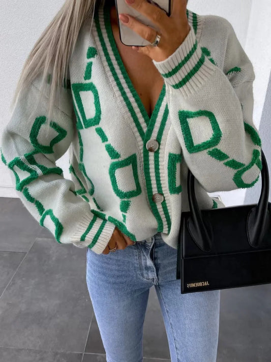 2023 Autumn Winter Knitted Cardigan Fashion Women Long Sleeve Loose V-Neck Sweater Thick Warm Female Green Casual Print Cardigan