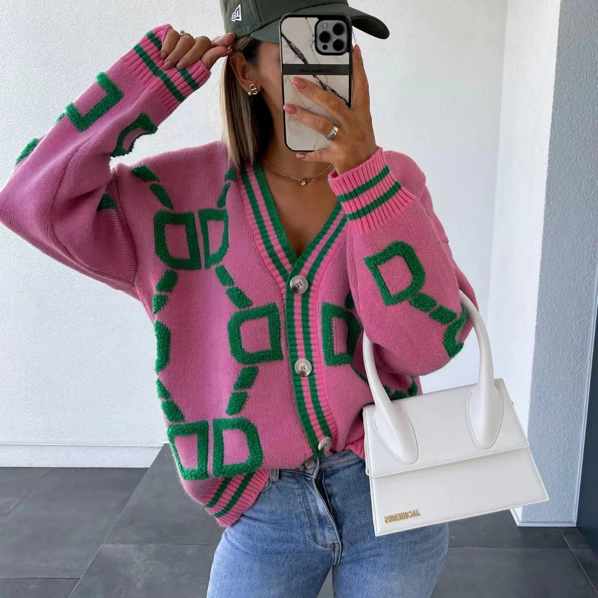 2023 Autumn Winter Knitted Cardigan Fashion Women Long Sleeve Loose V-Neck Sweater Thick Warm Female Green Casual Print Cardigan