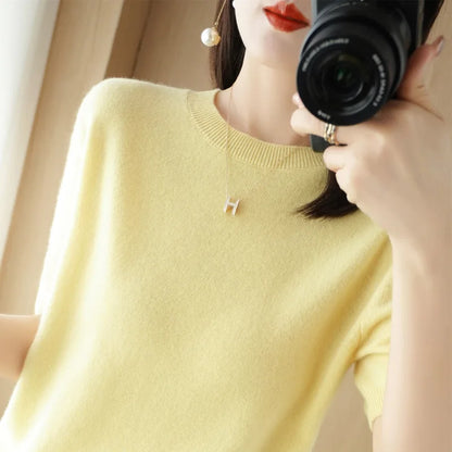2023 Spring Summer Womens Sweater Short Sleeve O-neck Slim Fit Knitted Pullovers Bottoming Casual Knitwear Camel Pink Clothes