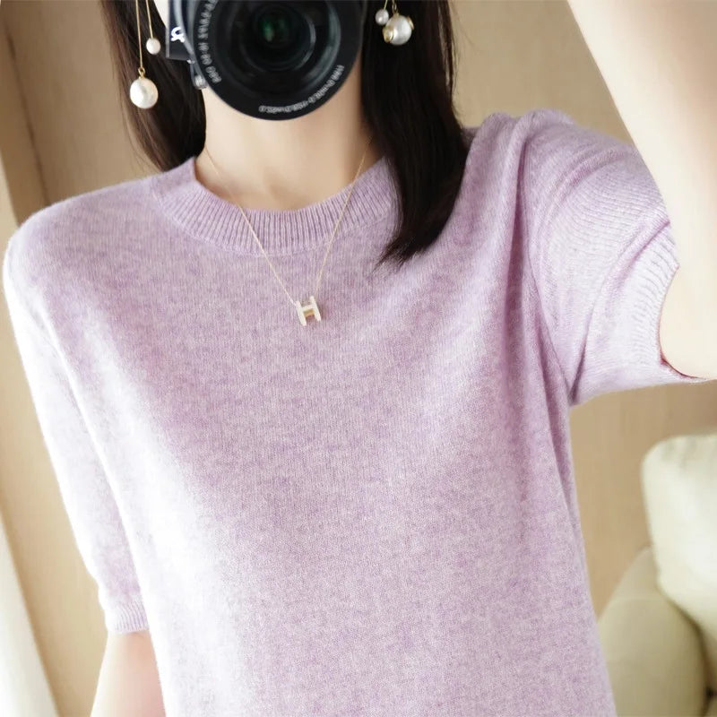 2023 Spring Summer Womens Sweater Short Sleeve O-neck Slim Fit Knitted Pullovers Bottoming Casual Knitwear Camel Pink Clothes