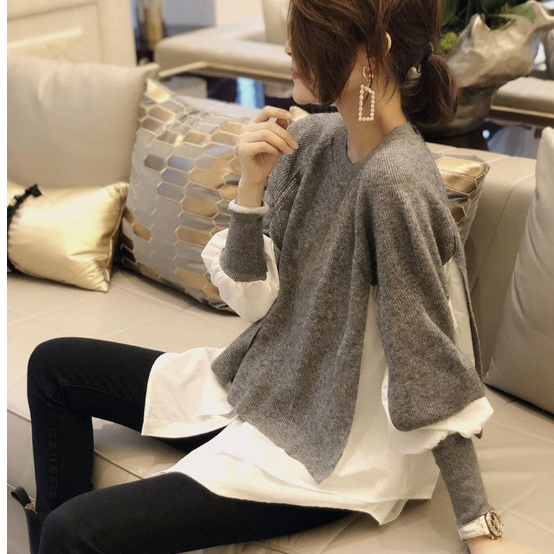 European Station 2023 Spring and Autumn New Women's Knitwear Fashion Sweater Fake Two Piece Combination Pullover Women's Top