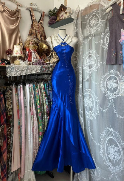 Vintage Royal Blue Mermaid Long Prom Dresses Beaded Satin Formal Occasions