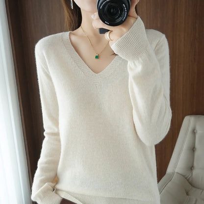 Autumn And Winter Cashmere Sweater New Women's V-neck Pullover Lace Neck Hollow Out Design Casual Knitted Long Sleeve Women's