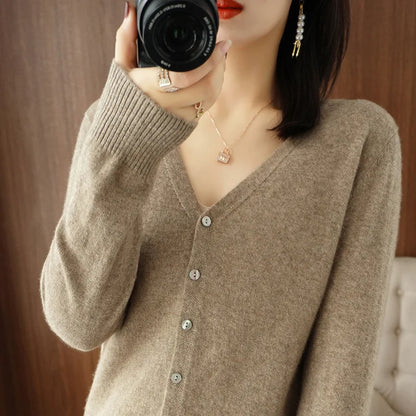 Cardigans Women 2022 Autumn Single Breasted V-neck Knitted Sweater Fashion Short Knitwear Solid Blue Green Pink Women's Jumpers