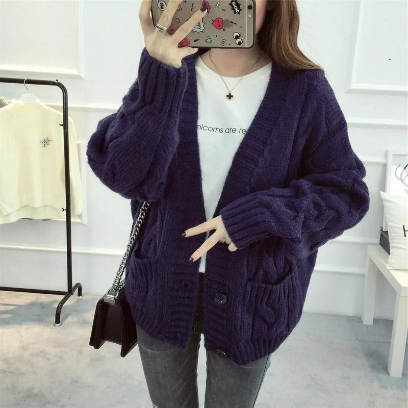 Dark Purple Vintage Long Sleeve Women Cardigan Sweater Casual Autumn Winter Streetwear Tops Coat Y2k Casual Loose Sweater