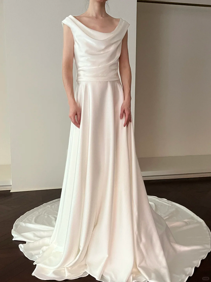 Beautiful A Line Round Neck White Satin Wedding Dress