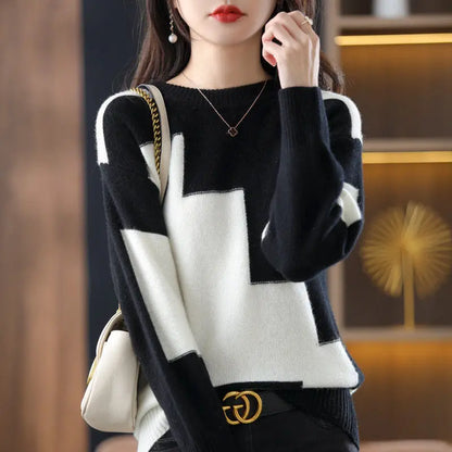 Fashion O-Neck Spliced Knitted Color Sweater Female Clothing 2022 Autumn New Loose Casual Pullovers All-match Korean Tops