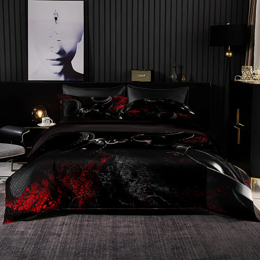 High End Bedding Set Premium Black Duvet Cover with Pillowcase Red Gray Pattern for Queen King Size Home Textiles