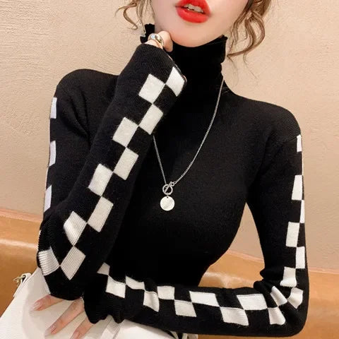 Knitted Women's Autumn Winter 2022 New Korean Version Temperament Versatile Long-sleeved TopTurtleneck Plaid Undershirt Sweater