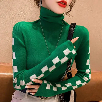 Knitted Women's Autumn Winter 2022 New Korean Version Temperament Versatile Long-sleeved TopTurtleneck Plaid Undershirt Sweater