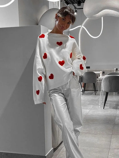 Love Heart O Neck Knit Sweater For Women Embroidery Fashion Long Sleeve Pullover Sweaters Female Oversized High Street Jumper
