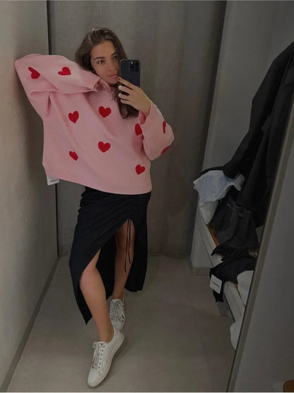 Love Heart O Neck Knit Sweater For Women Embroidery Fashion Long Sleeve Pullover Sweaters Female Oversized High Street Jumper