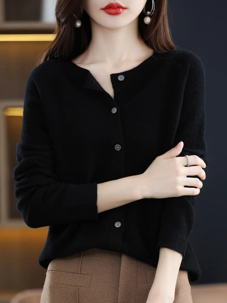 New Fashion Autumn 100% Pure Merino Wool Womens O-neck Cardigan Cashmere Sweater 2023 Female Clothing Grace Knitwear Korean Tops