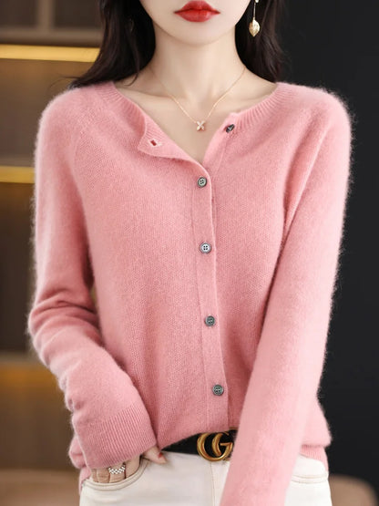 New Fashion Autumn 100% Pure Merino Wool Womens O-neck Cardigan Cashmere Sweater 2023 Female Clothing Grace Knitwear Korean Tops