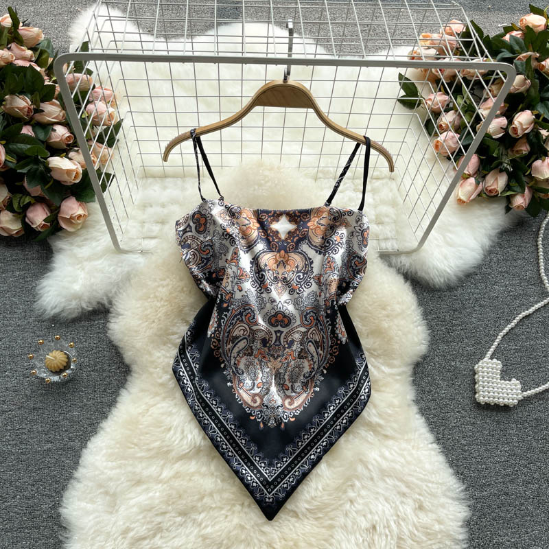 European and American ins tops women's design sense niche printing belly pocket heart machine backless knotted slim versatile sling vest