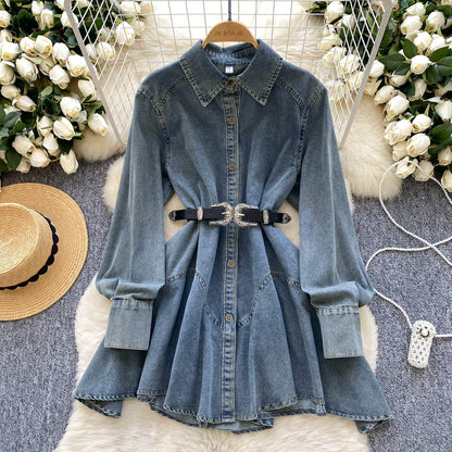 Spring new Hong Kong flavor retro high sense loose and thin irregular lace-up waist denim dress women