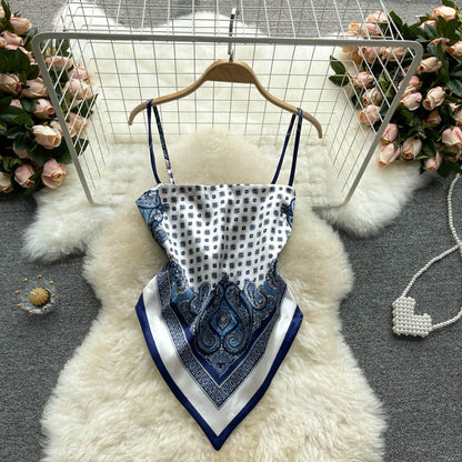 European and American ins tops women's design sense niche printing belly pocket heart machine backless knotted slim versatile sling vest