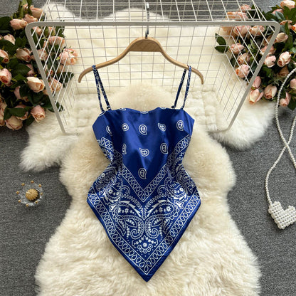 European and American ins tops women's design sense niche printing belly pocket heart machine backless knotted slim versatile sling vest