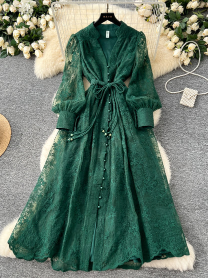 French high-end women's dress 2025 spring waist-collecting heavy embroidery V-neck lantern sleeve single-breasted long gown, elegant long dress