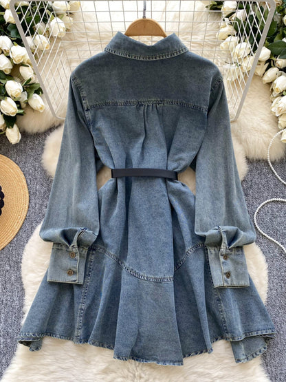 Spring new Hong Kong flavor retro high sense loose and thin irregular lace-up waist denim dress women