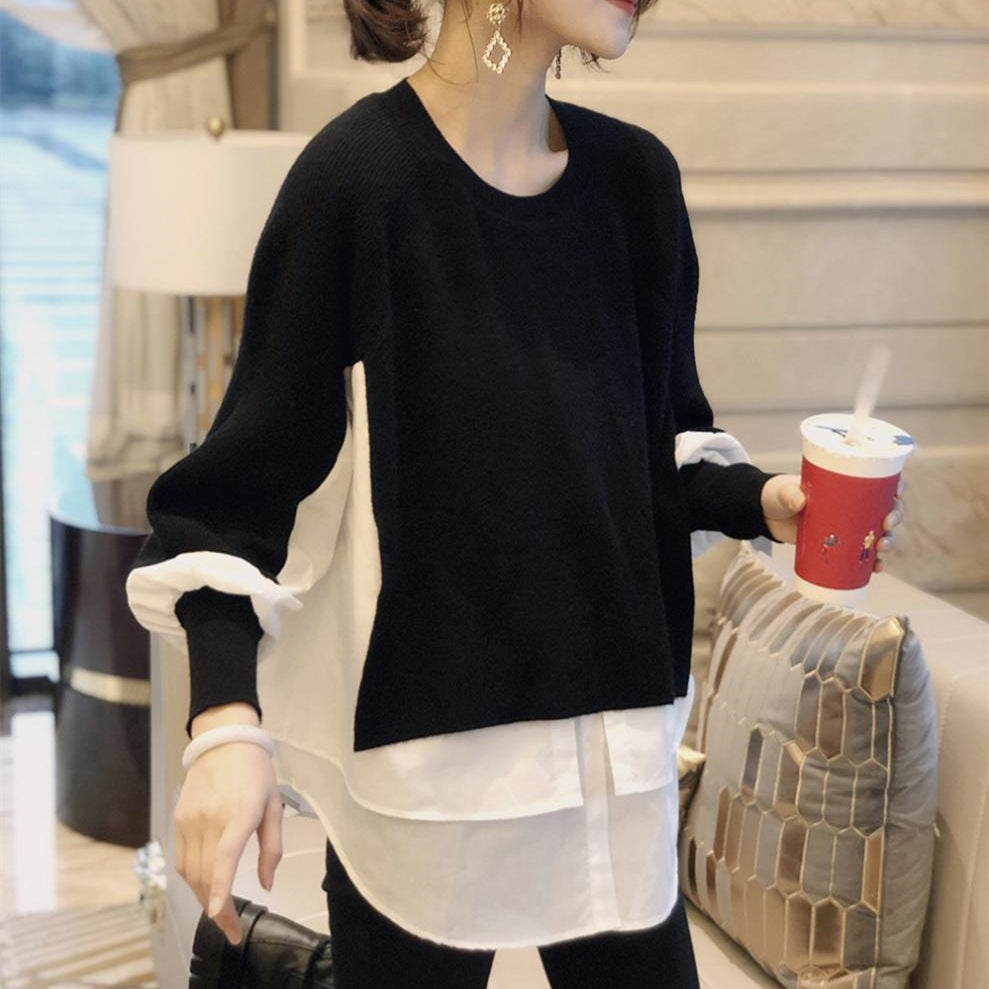 European Station 2023 Spring and Autumn New Women's Knitwear Fashion Sweater Fake Two Piece Combination Pullover Women's Top