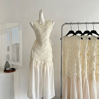 Miyu 2025 Spring New Design Sense Heavy Industry Fairy Sleeveless Light Luxury Dress Beach Dress Waist Skinny White Dress