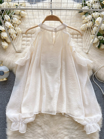 Gentle wear chiffon top women's long-sleeved heart machine hollowed-out off-the-shoulder bead neck shirt 2023 new autumn wear