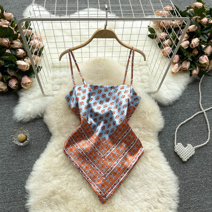 European and American ins tops women's design sense niche printing belly pocket heart machine backless knotted slim versatile sling vest