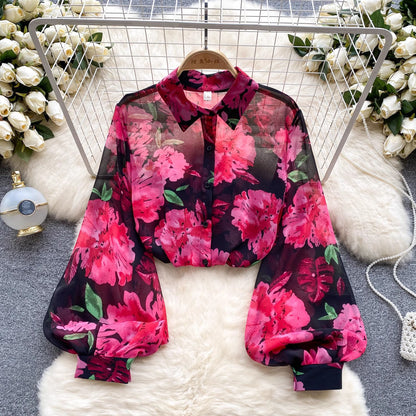 Spring and summer new long-sleeved French retro top women's thin loose Polo neck lantern sleeve floral thin shirt