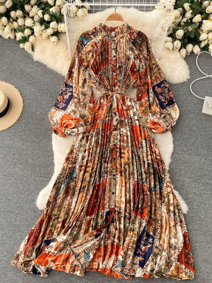 French retro long-sleeved shirt dress temperament waist heavy industry crinkle elegant printing celebrity high-end vacation dress