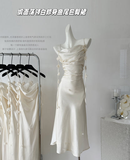 Miyu's homemade summer temperament satin swing neck white suspender dress medium and long slim fishtail hip skirt