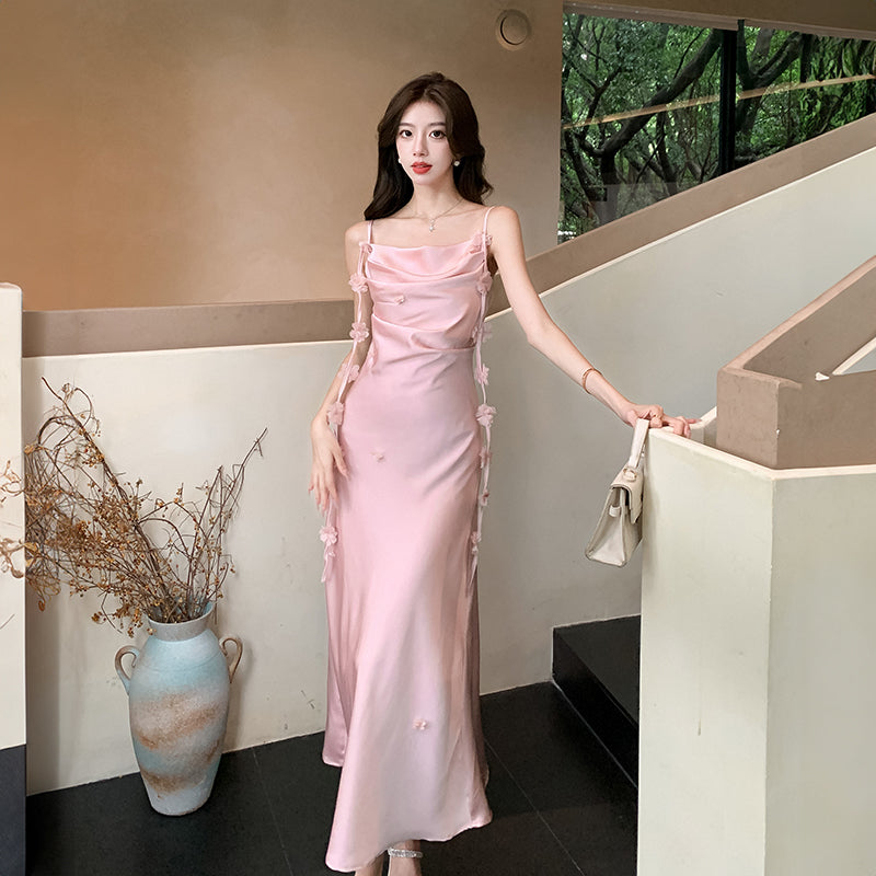 Miyu's homemade summer temperament satin swing neck white suspender dress medium and long slim fishtail hip skirt