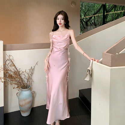 Miyu's homemade summer temperament satin swing neck white suspender dress medium and long slim fishtail hip skirt