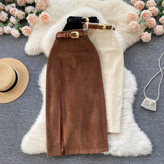 Hong Kong style retro split skirt winter with sweater medium and long Korean version temperament high waist and thin hip wrap a-word skirt