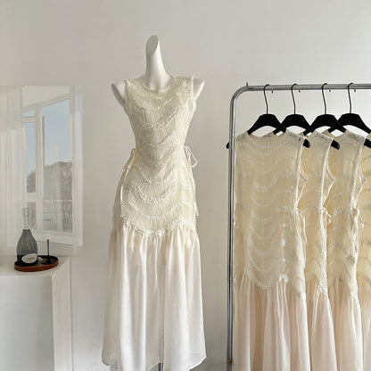 Miyu 2025 Spring New Design Sense Heavy Industry Fairy Sleeveless Light Luxury Dress Beach Dress Waist Skinny White Dress