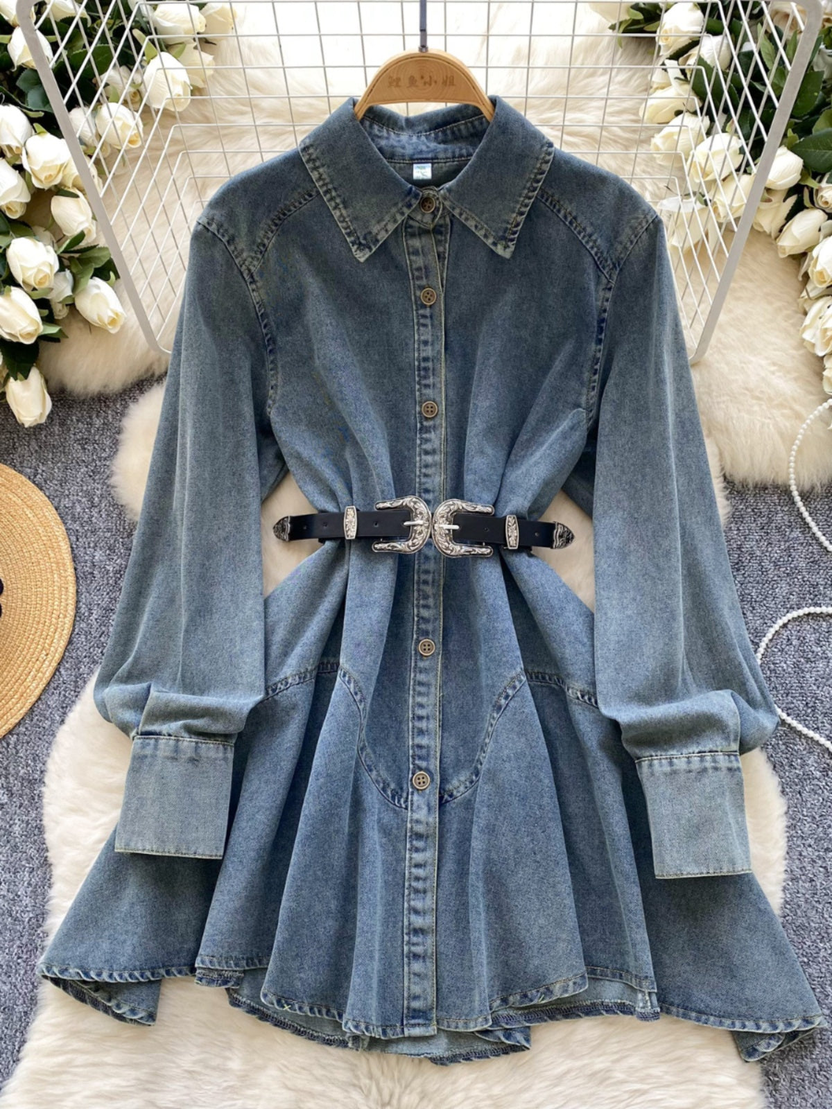 Spring new Hong Kong flavor retro high sense loose and thin irregular lace-up waist denim dress women