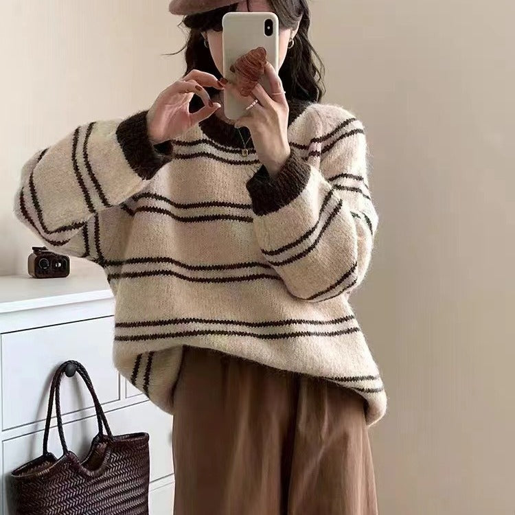 Autumn/Winter Stripe Loose Sweater Women's Long sleeved Pullover Lazy Style Knitwear 2023 Korean Version New Large Top