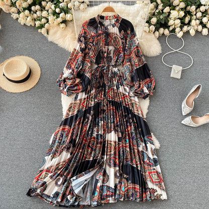 French retro long-sleeved shirt dress temperament waist heavy industry crinkle elegant printing celebrity high-end vacation dress