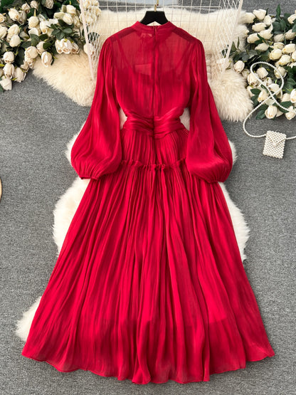 High-end dress women's 2024 early spring new temperament stand-up collar machine pleated waist long bubble sleeve dress