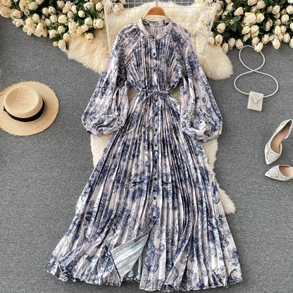 French retro long-sleeved shirt dress temperament waist heavy industry crinkle elegant printing celebrity high-end vacation dress