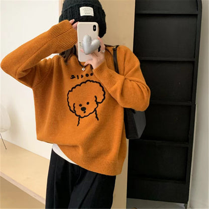Cartoon dog knitted pullover sweater women&#039;s autumn and winter new loose round neck with soft waxy women&#039;s knitted top.