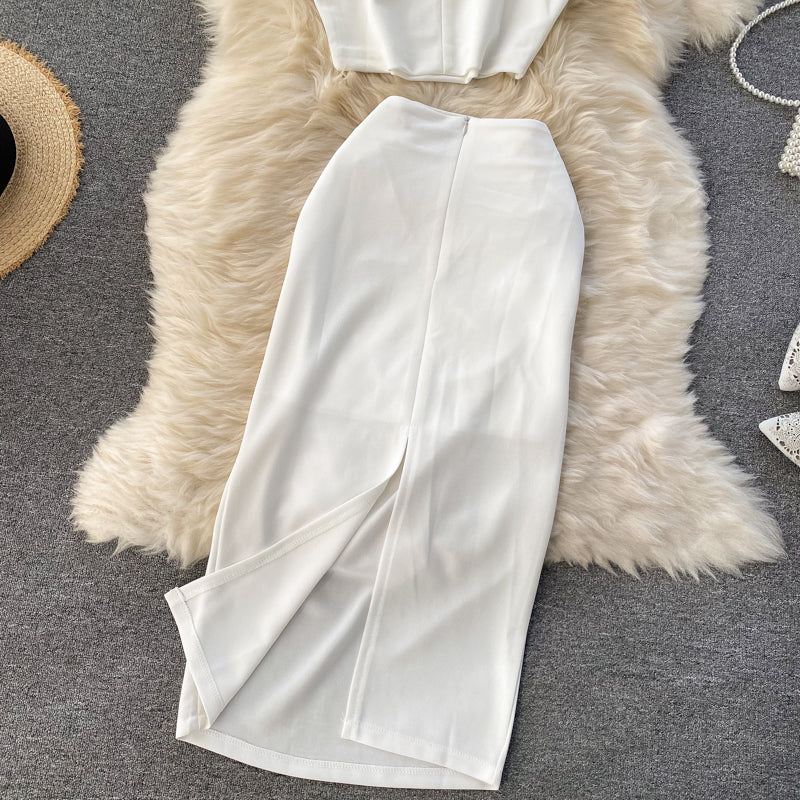 Gao Leng Royal Sister Internet celebrity suit solid color round neck vest short top high waist hip wrap medium long skirt two-piece set women