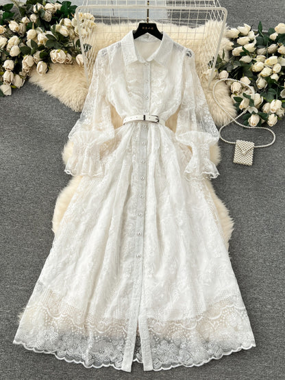 French retro court dress heavy industry embroidery fungus edge slim long lace dress high-end exquisite dress