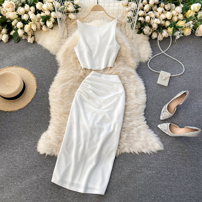 Gao Leng Royal Sister Internet celebrity suit solid color round neck vest short top high waist hip wrap medium long skirt two-piece set women