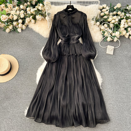 Elegant Women's Long Bubble Sleeve Evening Dress with Waist Cincher, Exquisite Collar and Chic Pleats  New Spring Collection