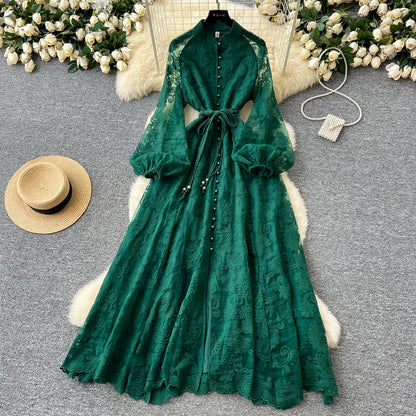 European and American style elegant stand-up collar single-breasted heavy industry crochet embroidery lantern sleeve lace-up waist pendulum long dress