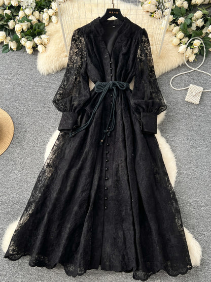 French high-end women's dress 2025 spring waist-collecting heavy embroidery V-neck lantern sleeve single-breasted long gown, elegant long dress