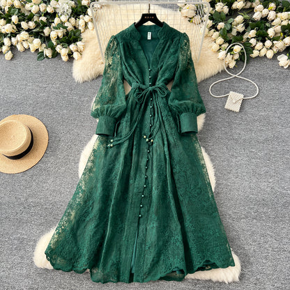 French high-end women's dress 2025 spring waist-collecting heavy embroidery V-neck lantern sleeve single-breasted long gown, elegant long dress