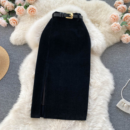 Hong Kong style retro split skirt winter with sweater medium and long Korean version temperament high waist and thin hip wrap a-word skirt