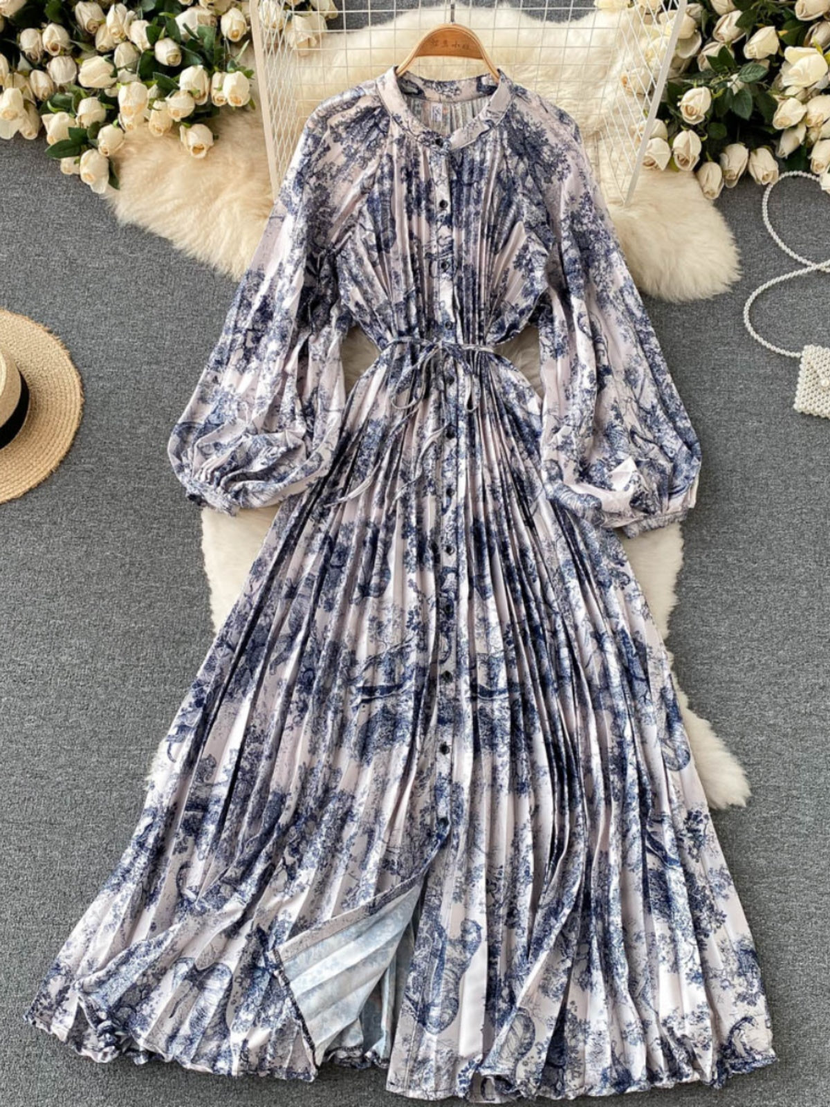 French retro long-sleeved shirt dress temperament waist heavy industry crinkle elegant printing celebrity high-end vacation dress